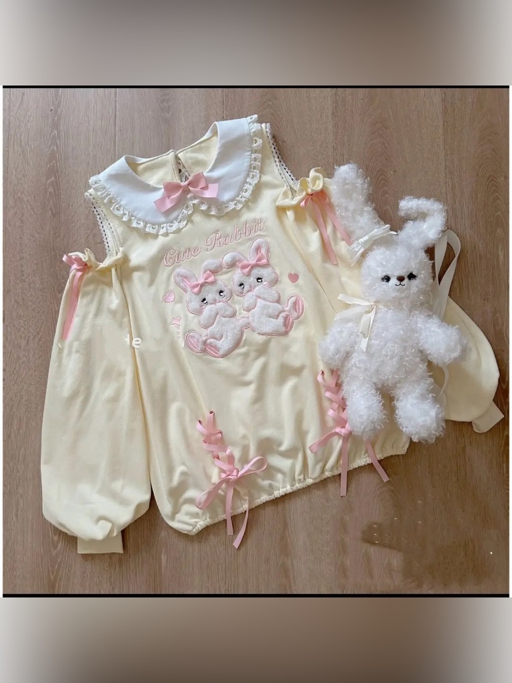Kawaii Fairy Kei Yellow & Pink Cute Bunny Rabbit Cold Shoulder Long Sleeve Top